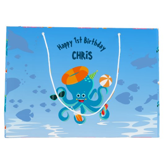 海の男の子の誕生日パーティーの下の青タコ ラージペーパーバッグ (裏面)