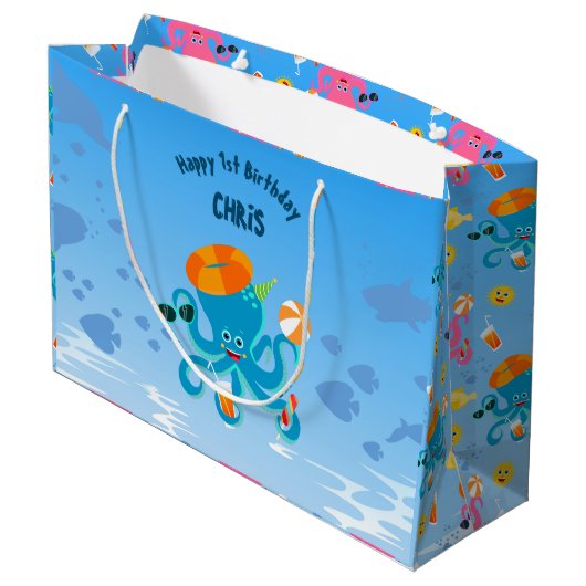 海の男の子の誕生日パーティーの下の青タコ ラージペーパーバッグ (裏面アングル)