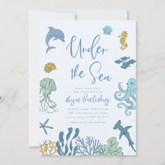 海の男の子の赤ちゃんのシャワーの下で 招待状 (正面)