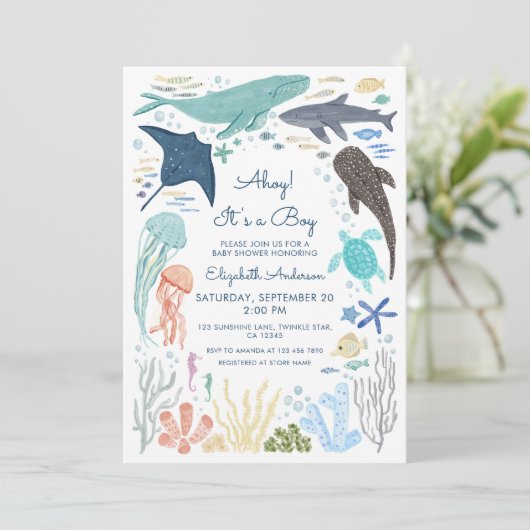 海の男の子の赤ちゃんのシャワーの下で 招待状 (スタンド正面)