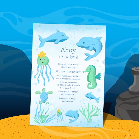 海の男の子の赤ちゃんシャワーの下の男の子だ 招待状