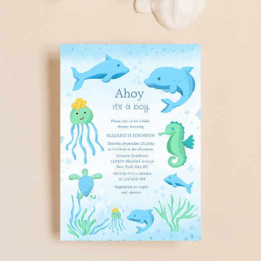 海の男の子の赤ちゃんシャワーの下の男の子だ 招待状