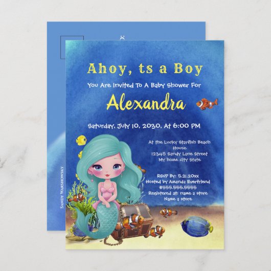 海の男の子の赤ちゃんシャワーの下の青い人魚 インビテーションポストカード (正面/裏面)
