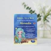 海の男の子の赤ちゃんシャワーの下の青い人魚 インビテーションポストカード (スタンド正面)