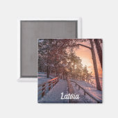 海の磁石の近くの松の森の冬の夕日 マグネット (正面/裏面)