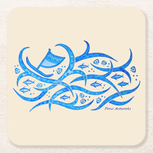 海の種族のコースターのハワイの岩石彫刻のカヌー スクエアペーパーコースター (正面)