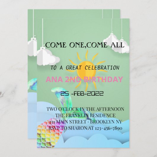 海の空素晴らしデザインとあなたの王子のための人魚 招待状 (正面/裏面)