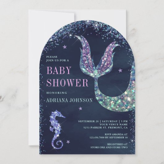 海の紫のマーメイドアーチネイビーベイビーシャワーの下 招待状 (正面)