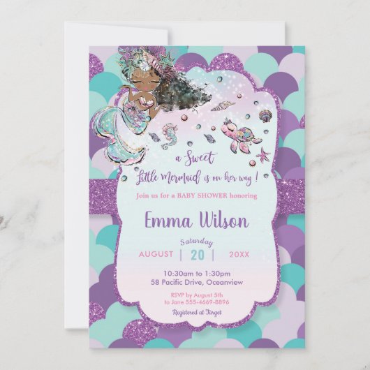 海の紫の下にアフリカ人魚の赤ちゃんシャワー 招待状 (正面)