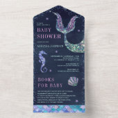 海の紫の人魚の海軍の青い赤ちゃんシャワーの下 オールインワン招待状 (内側)