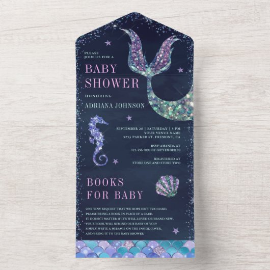 海の紫の人魚の海軍の青い赤ちゃんシャワーの下 オールインワン招待状 (内側)