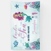 海の紫色の人魚の最初の誕生日の女の子 横断幕 (縦)