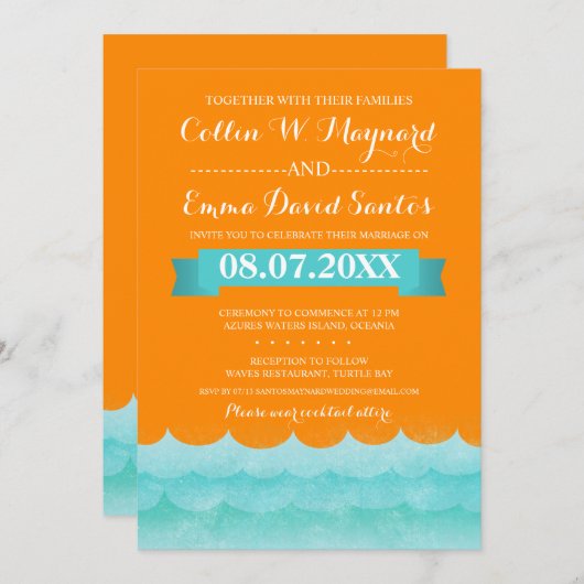 海の結婚式の招航海の待でオレンジ 招待状 (正面/裏面)