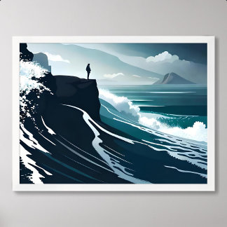 海の絵画大波の嵐ダークナイトクリフビーチ ポスター