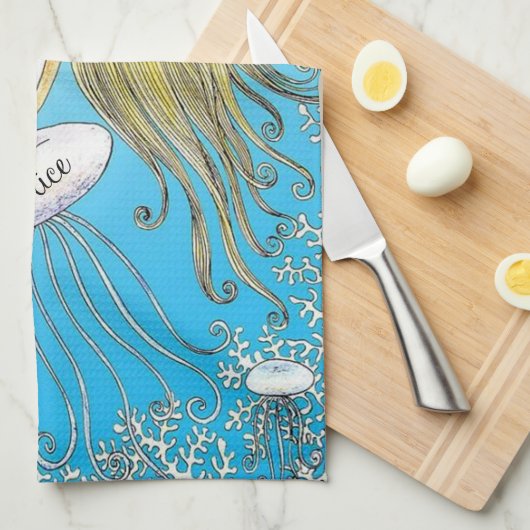 海の美しい人魚の下でパーソナライズ キッチンタオル (四つ折り)