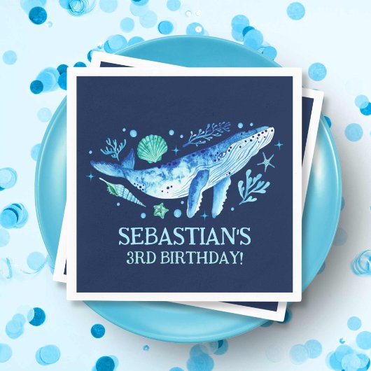 海の航海の水色の下のクジラNavy Blue スタンダードカクテルナプキン