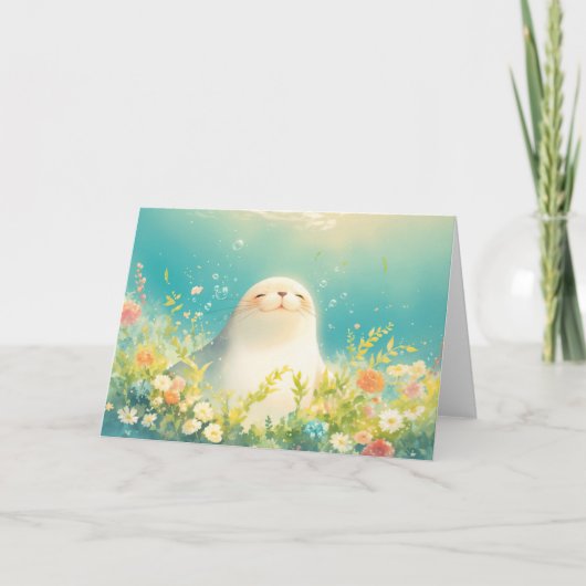 海の花に囲まれた幸せなアザラシ カード (正面)