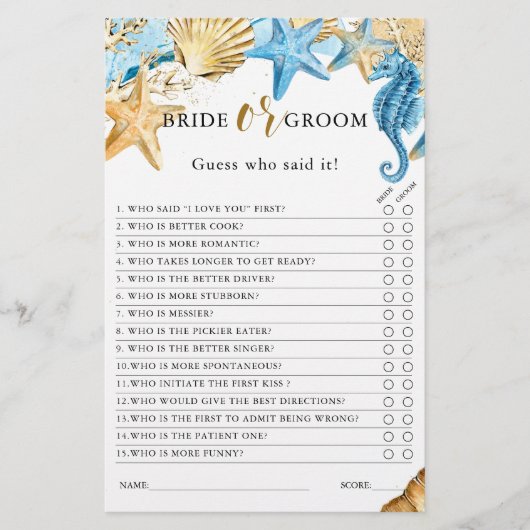 海の花嫁または新郎の下のブライダルシャワーゲーム (正面)