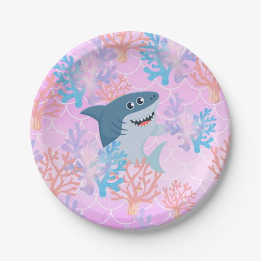 海の虹のグラデーションの下の子供の魔法のサメ ペーパープレート (正面)
