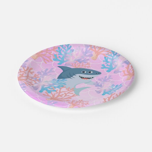 海の虹のグラデーションの下の子供の魔法のサメ ペーパープレート (アングル)