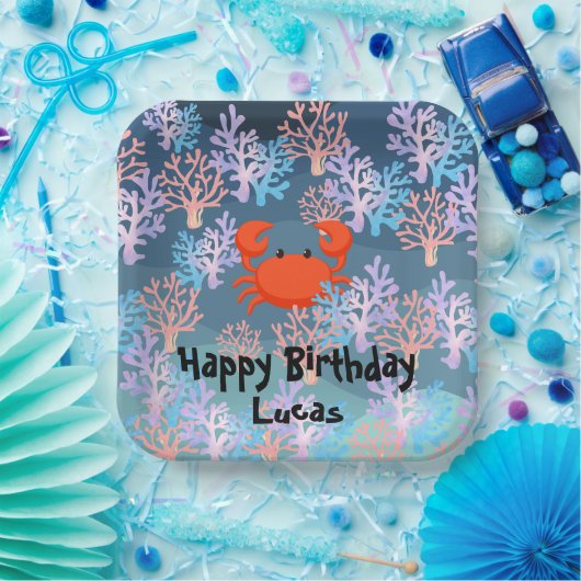 海の虹のパステルの下の子供の魔法のカニ ペーパープレート (パーティー)