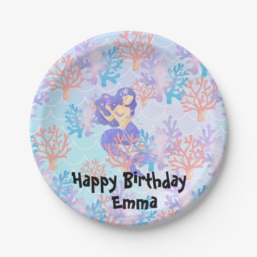 海の虹のパステルの下の子供の魔法の人魚 ペーパープレート (正面)