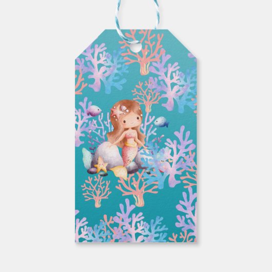 海の虹のパステルの下の少女の魔法の人魚 ギフトタグ (裏面)