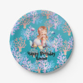 海の虹のパステルの下の少女の魔法の人魚 ペーパープレート (正面)