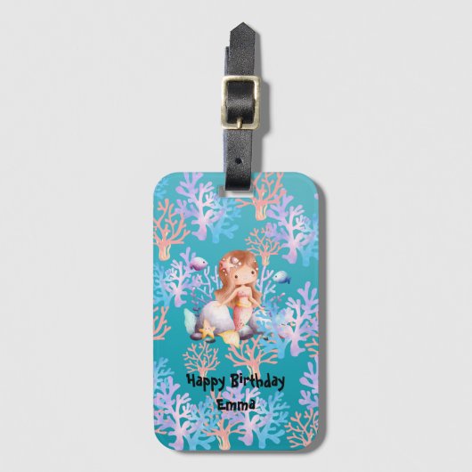海の虹のパステルの下の少女の魔法の人魚 ラゲッジタグ (正面縦)