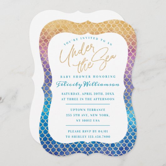 海の虹の人魚の赤ちゃんはかりで測のシャワーの下で 招待状 (正面/裏面)