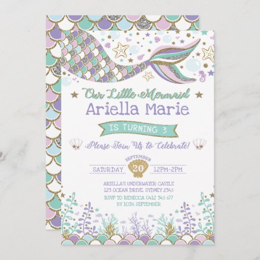 海の誕生会の下の人魚の招待状 招待状 (正面/裏面)