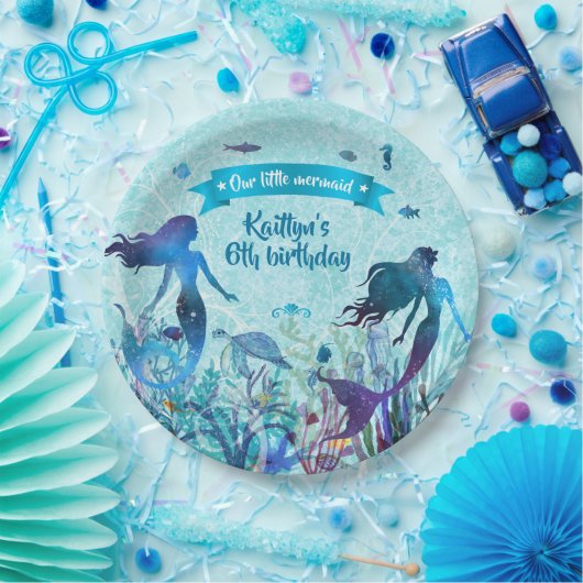 海の誕生会の下の水彩画の人魚 ペーパープレート (パーティー)