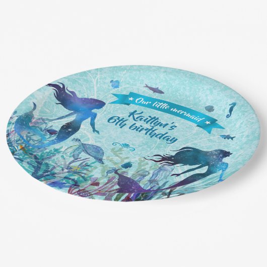 海の誕生会の下の水彩画の人魚 ペーパープレート (アングル)