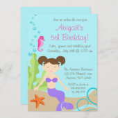 海の誕生会の下の紫色の人魚 招待状 (正面/裏面)