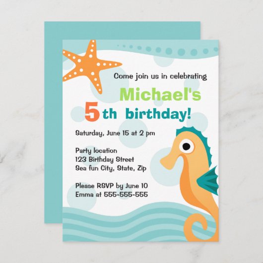 海の誕生日におもしろいを楽しめるかわいい船 招待状 (正面/裏面)
