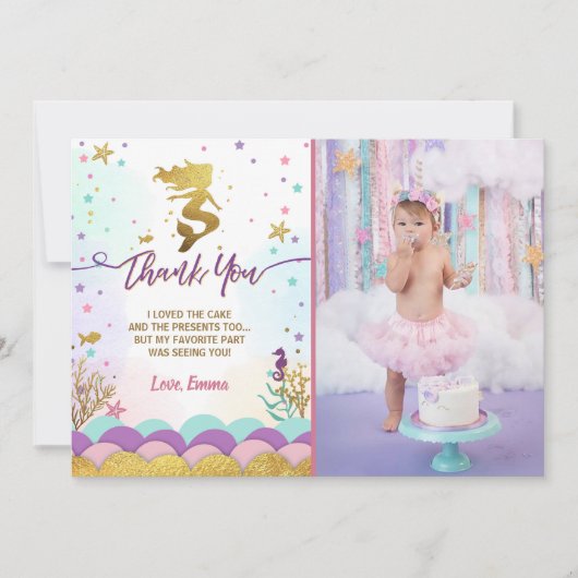 海の誕生日のサンキューカードの下の人魚 サンキューカード (正面)
