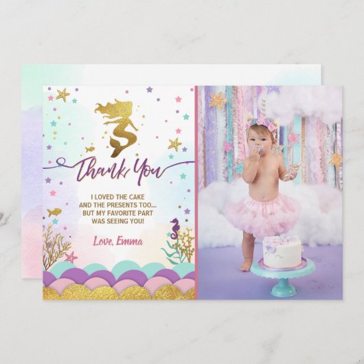 海の誕生日のサンキューカードの下の人魚 サンキューカード (正面/裏面)