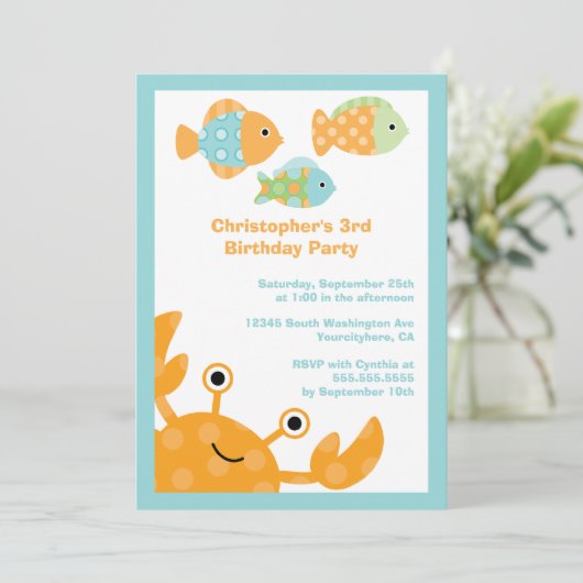 海の誕生日のパーティの招待状の下でかわいいおもしろい 招待状 (スタンド正面)