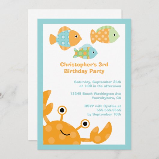 海の誕生日のパーティの招待状の下でかわいいおもしろい 招待状 (正面/裏面)