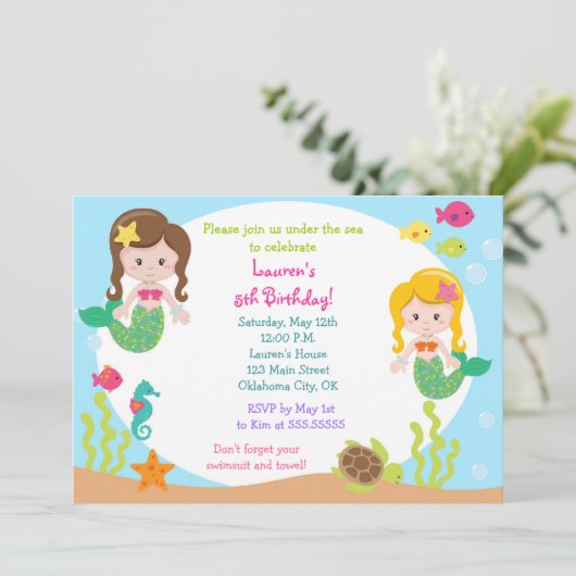 海の誕生日のパーティの招待状の下の人魚 招待状 (スタンド正面)