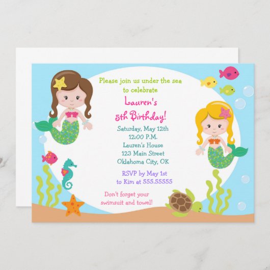 海の誕生日のパーティの招待状の下の人魚 招待状 (正面/裏面)