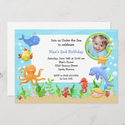 海の誕生日のパーティの招待状の下 招待状 (正面/裏面)