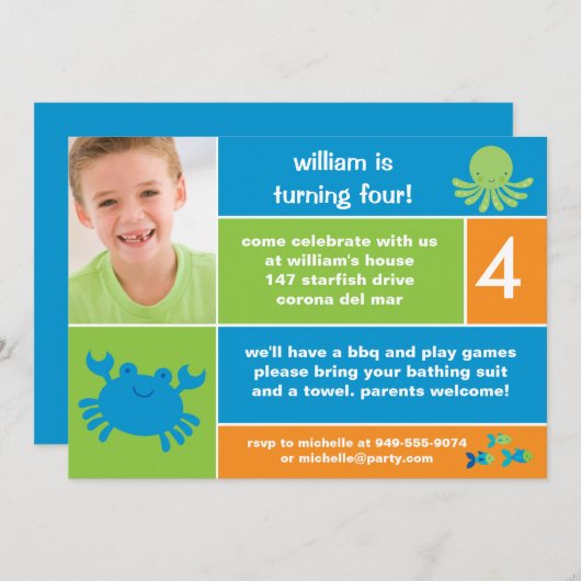 海の誕生日のパーティの招待状 招待状 (正面/裏面)