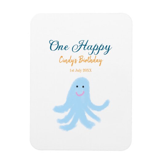 海の誕生日の下で幸せな青いタコが1羽 マグネット (縦)