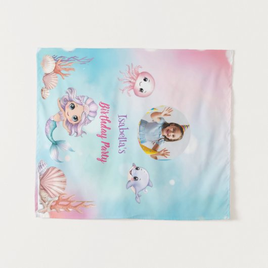 海の誕生日の下のマーメイド写真 タペストリー (正面(横))