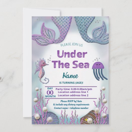 海の誕生日の下の女の子の人魚 招待状 (正面)
