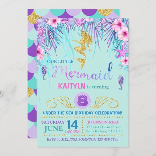 海の誕生日の下の輝きの人魚 招待状 (正面/裏面)