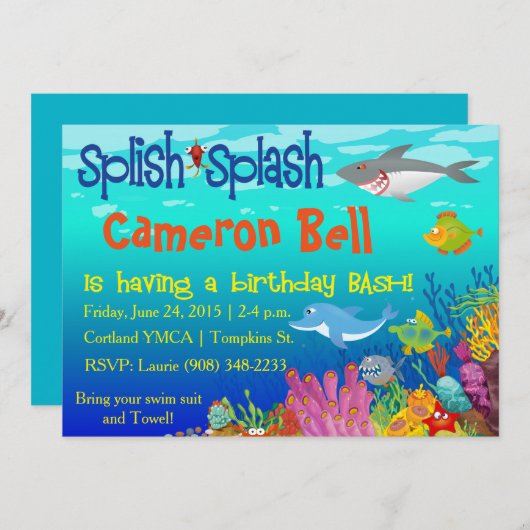 海の誕生日の強打の下のSplishのしぶき! 招待状 (正面/裏面)