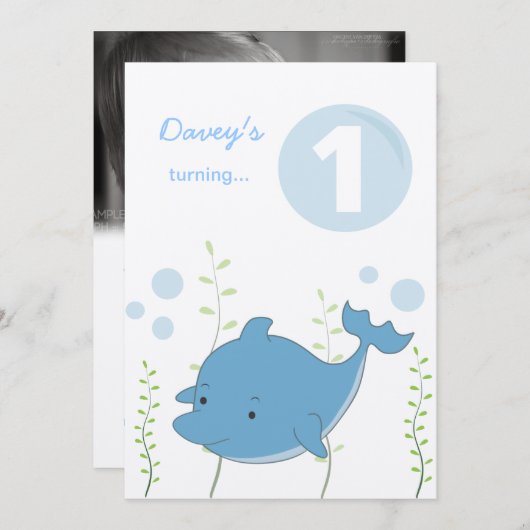 海の誕生日の招待の下のベビーの第1イルカ 招待状 (正面/裏面)