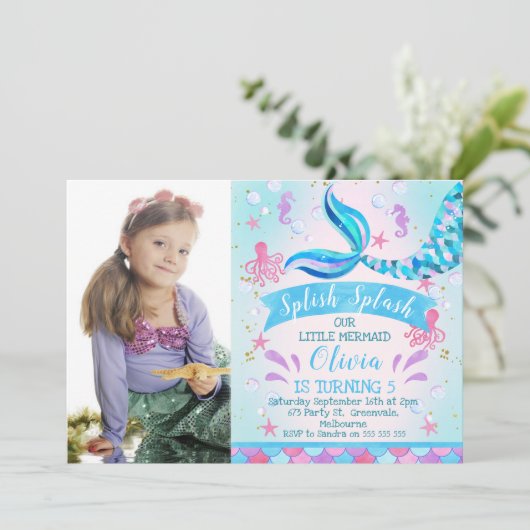 海の誕生日の招待の下の写真の人魚または 招待状 (スタンド正面)